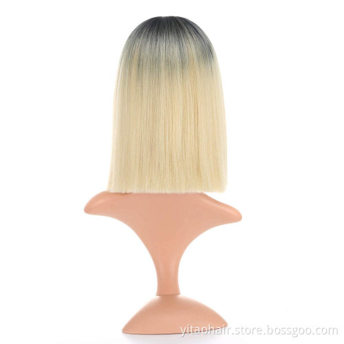 Anogol Cheap Ombre color black root Blonde Synthetic hair Bob Wigs With Bangs two tone ombre sik straight synthetic hair  wigs